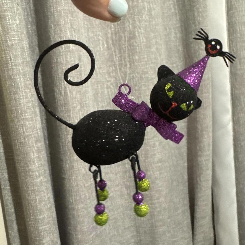 Pier 1 Vintage Glitter Cat with Dangle Legs Party Hat w/ Spider See Desciption